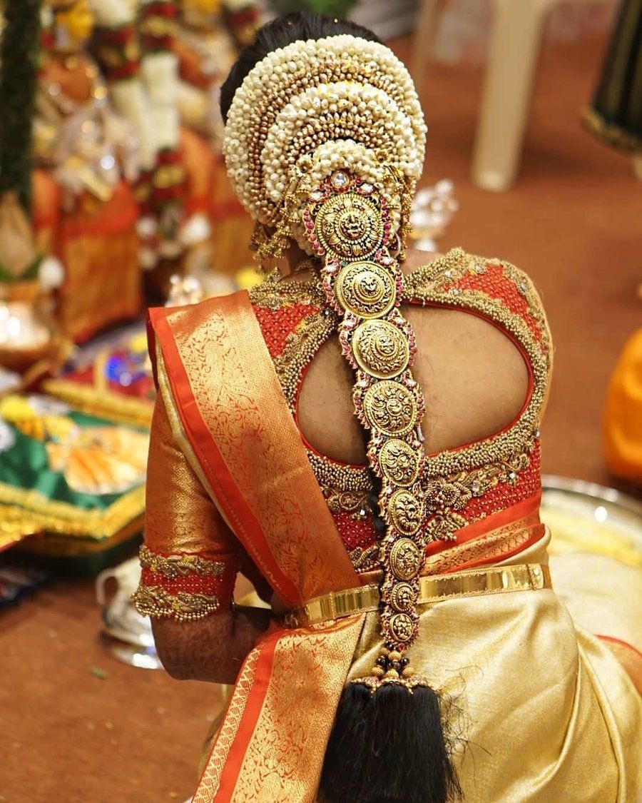 South India Shopping Mall: Topic of the week - Hindu Bridal Hair styles.  Tradition to decorate the Bride's long plait with Beautifully patterned  flowers, beads and gold etc.. which adds to her