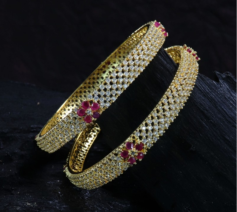 Gold Bangle Designs With Dazzling White Stones